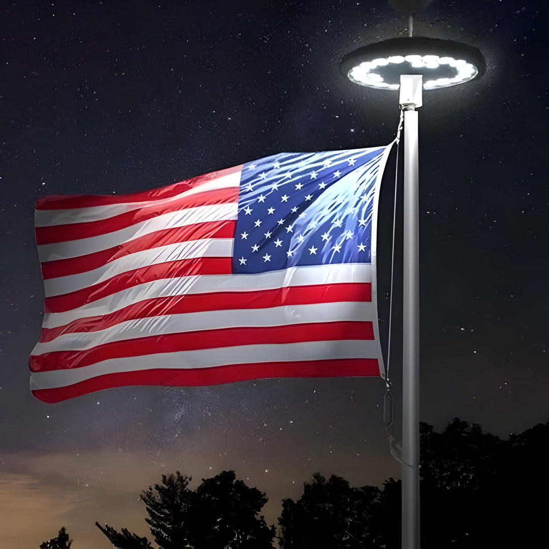 Bright solar LED flagpole light for all-night flag display. Dusk to dawn outdoor lighting.