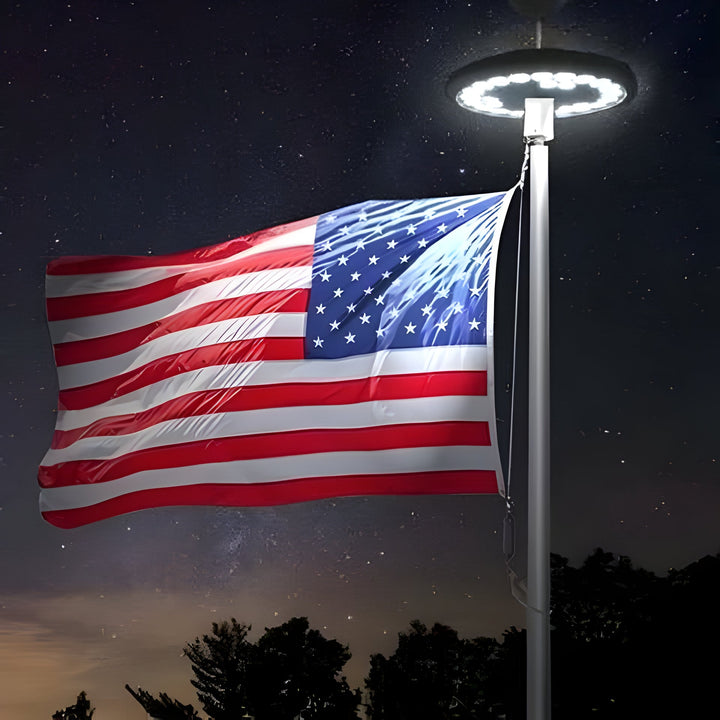 Bright solar LED flagpole light for all-night flag display. Dusk to dawn outdoor lighting.
