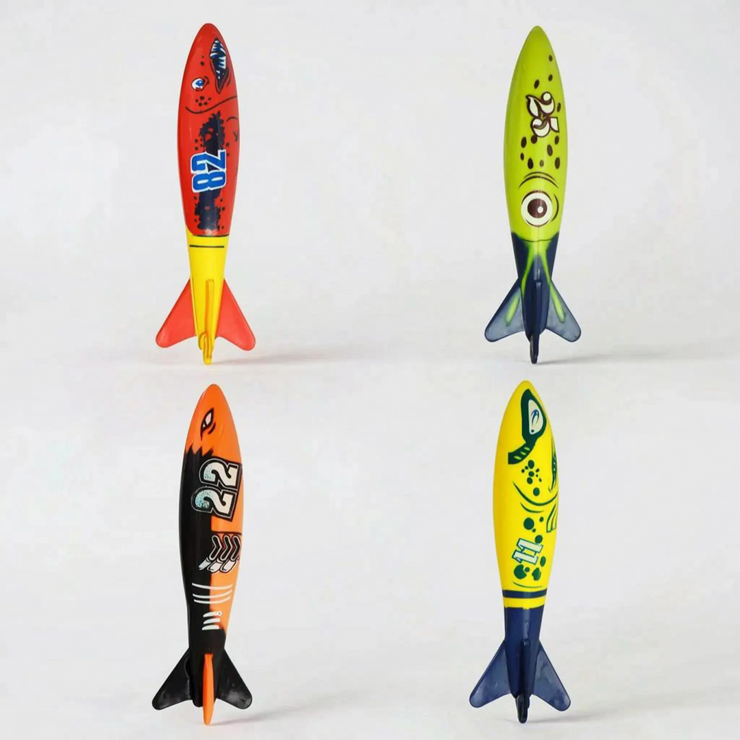 Kids' brightly colored diving rings & sticks for active underwater pool games & swim skill development.