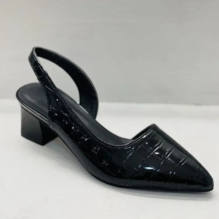 Women's croco print orthopaedic mid heels in brown, designed for comfort and elegant formal wear.