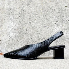 Slingback orthopaedic mid heels for women with elegant croco print, available in brown for formal occasions.