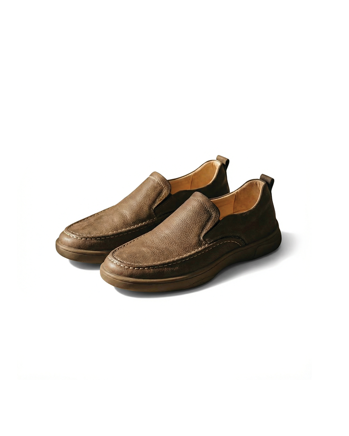 Brown men's comfort slip-on loafers. Ideal everyday casual footwear for lasting durability & style.