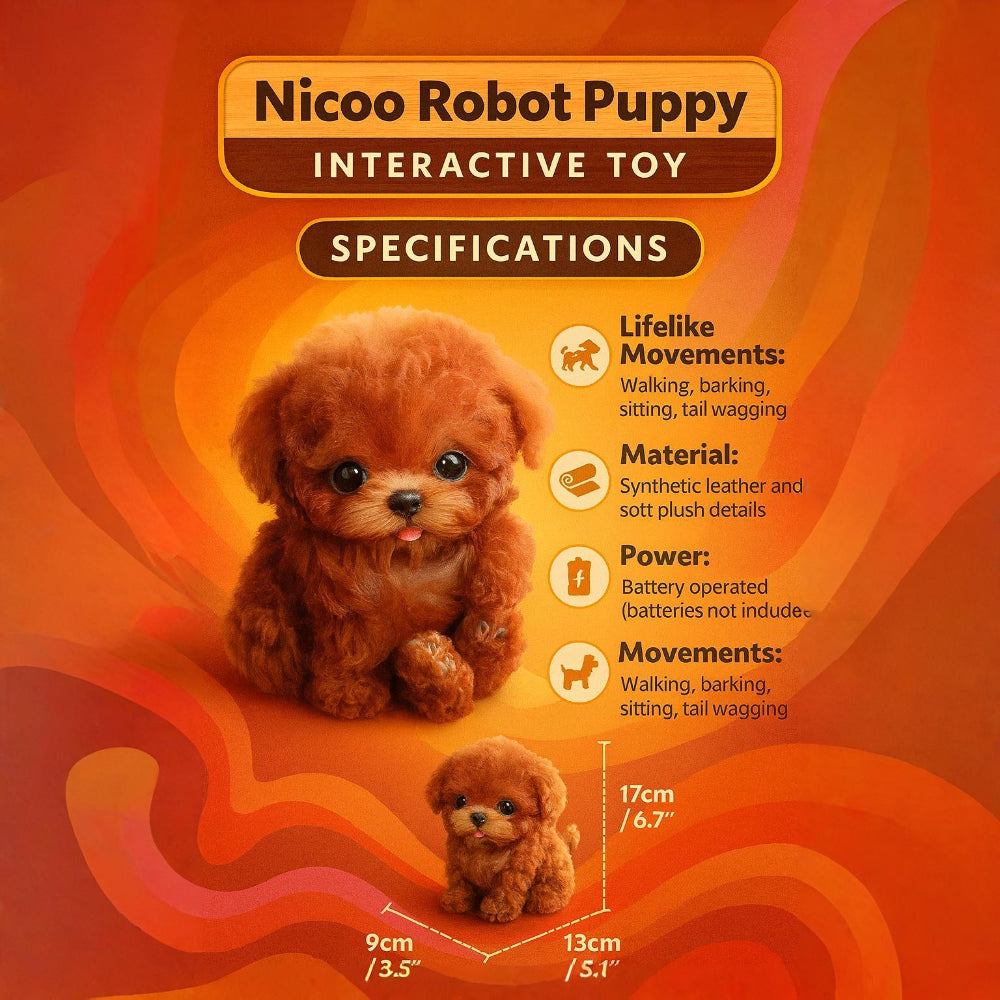 Lifelike brown and white interactive puppy robot, a walking electronic pet toy for endless kids' fun.