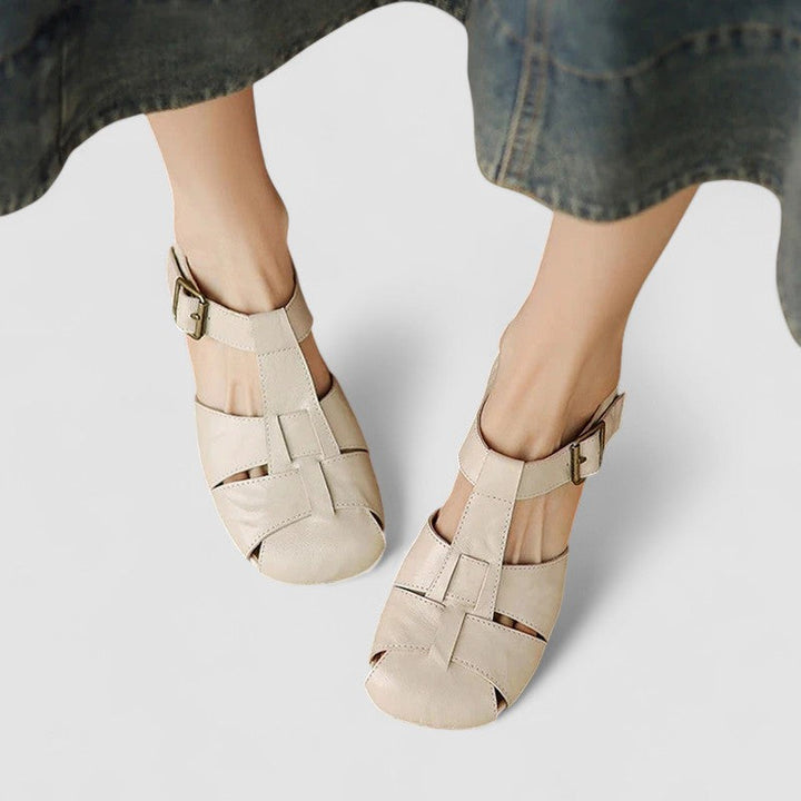 Beige comfortable Women's Mary Jane orthopedic shoes with adjustable strap, ideal for daily walking.