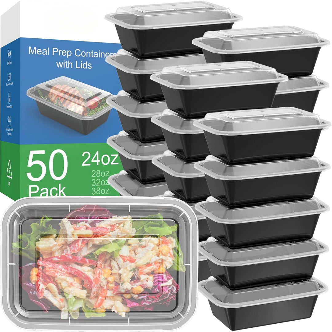 Stack of 50 SealMate reusable food containers with secure lids, ideal for meal prepping