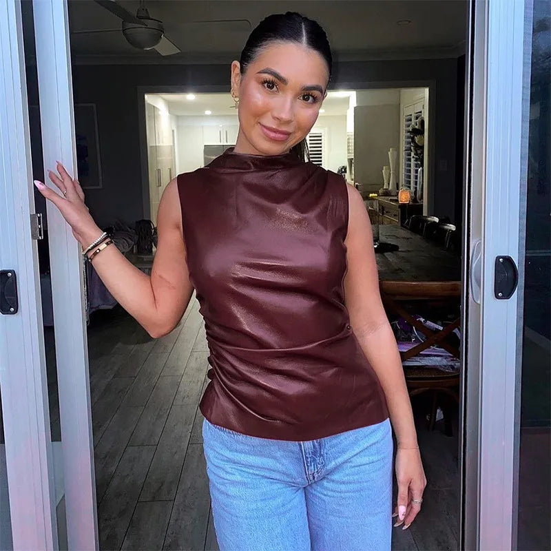 Elegant sleeveless top in deep burgundy, perfect for women's autumn wear