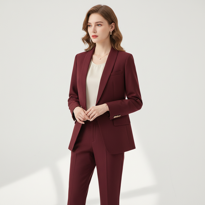Stylish black women's blazer and trousers set, elegant polyester blend business attire, side view