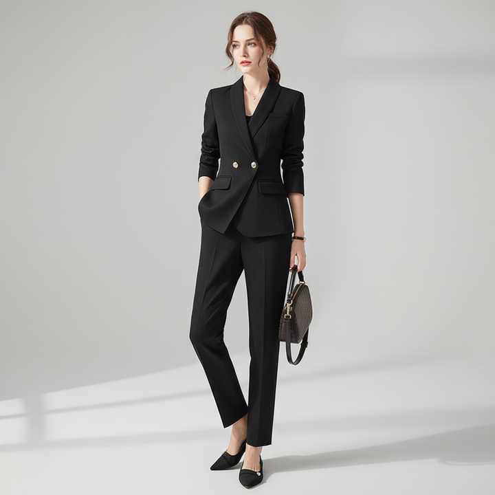 Close-up of the fabric texture of a women's two-piece blazer and trousers set, polyester blend