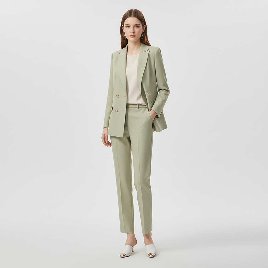 Detail of the button closure on a women's elegant black blazer from the two-piece set