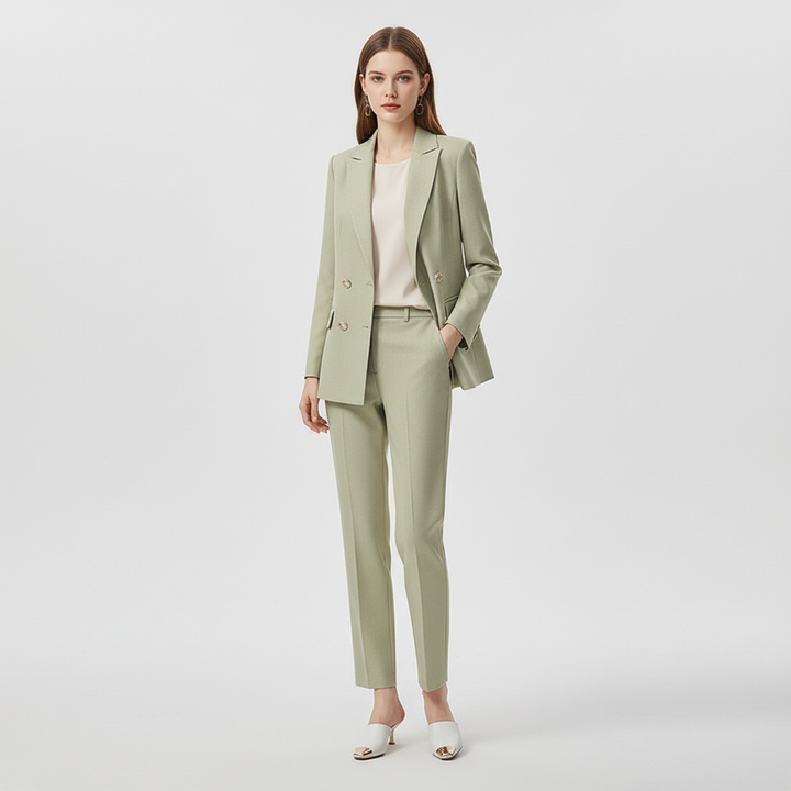 Detail of the button closure on a women's elegant black blazer from the two-piece set
