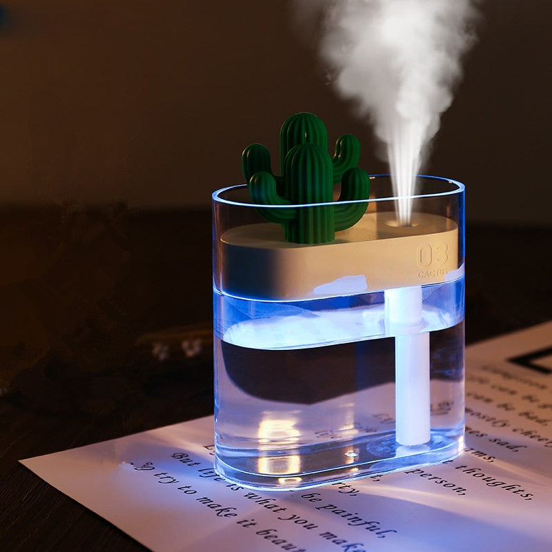 Cactus design ultrasonic humidifier. Silent operation for improved air quality & home comfort. Dry air relief.