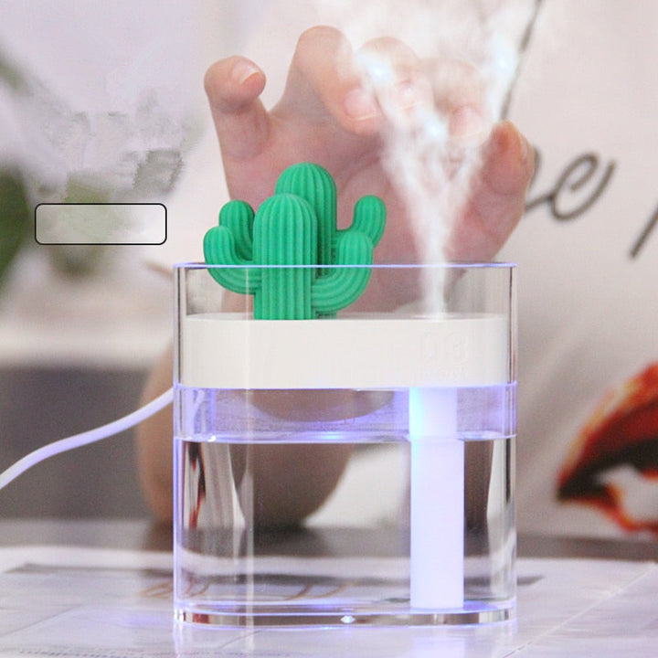 Silent 'CactusMist' ultrasonic humidifier diffuses fine mist. Relieves dry air, enhances home comfort & air quality.