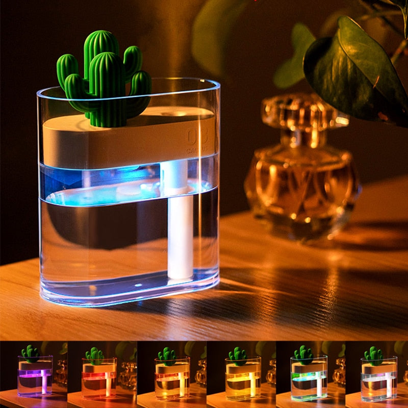 Stylish cactus design silent ultrasonic humidifier. Improves air quality, provides dry air relief & home wellness.
