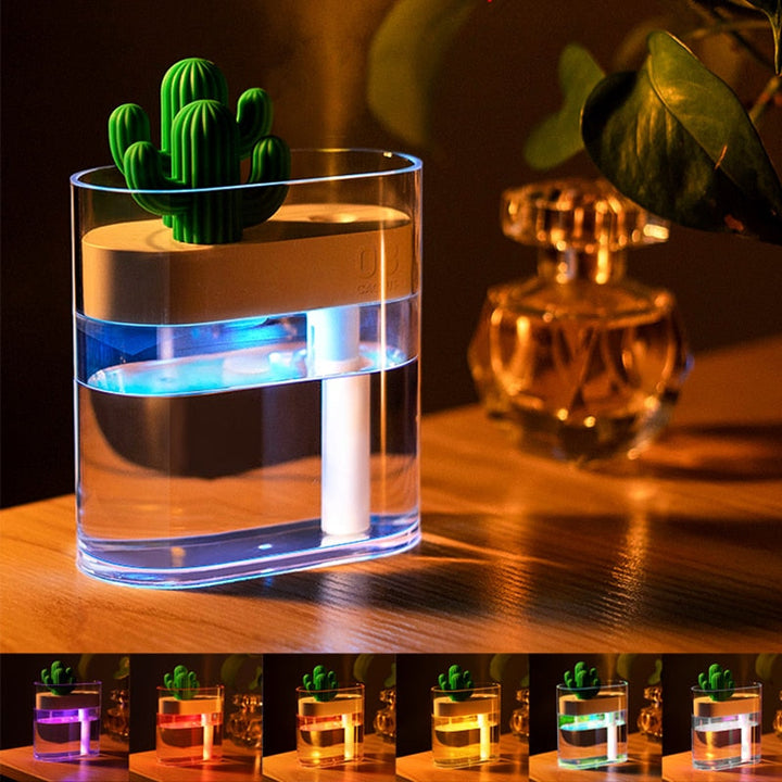 Stylish cactus design silent ultrasonic humidifier. Improves air quality, provides dry air relief & home wellness.