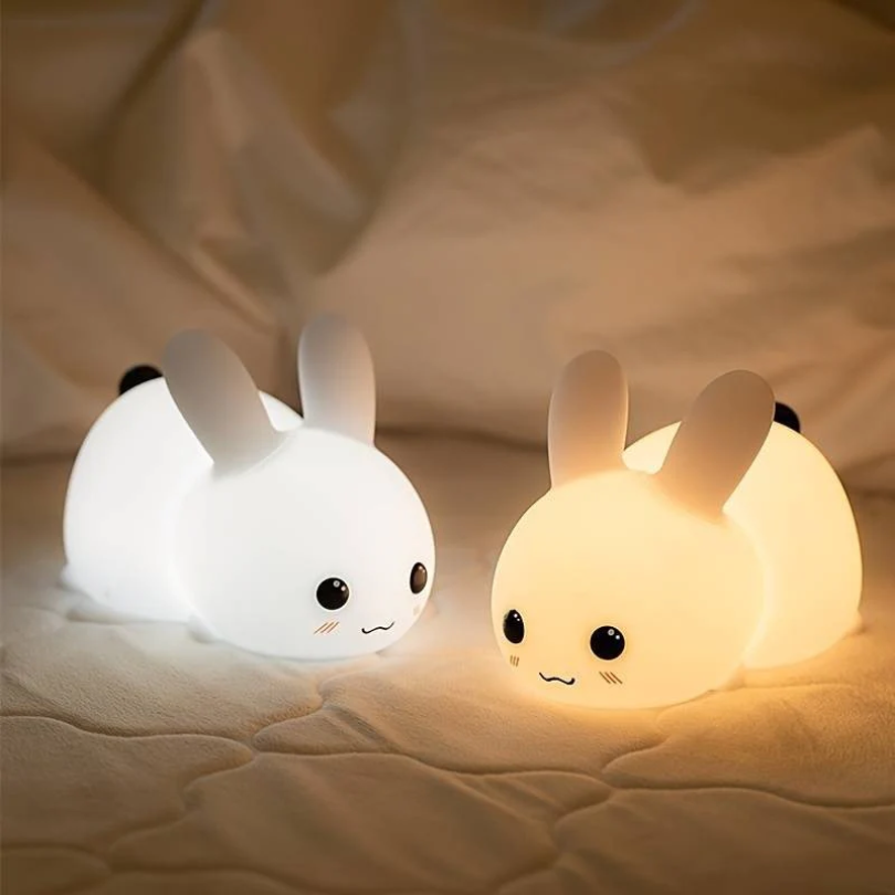 Soft glow bunny lamp, a calming night light for baby's nursery or kid's room. Excellent sleep aid gift.