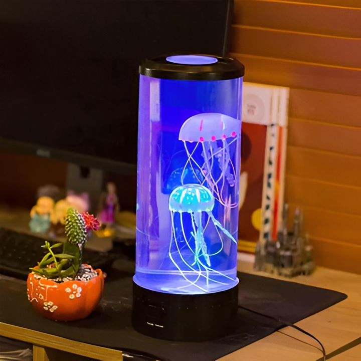 Relaxing LED jellyfish lamp with realistic swimming effect, an ideal stress relief aquarium night light.