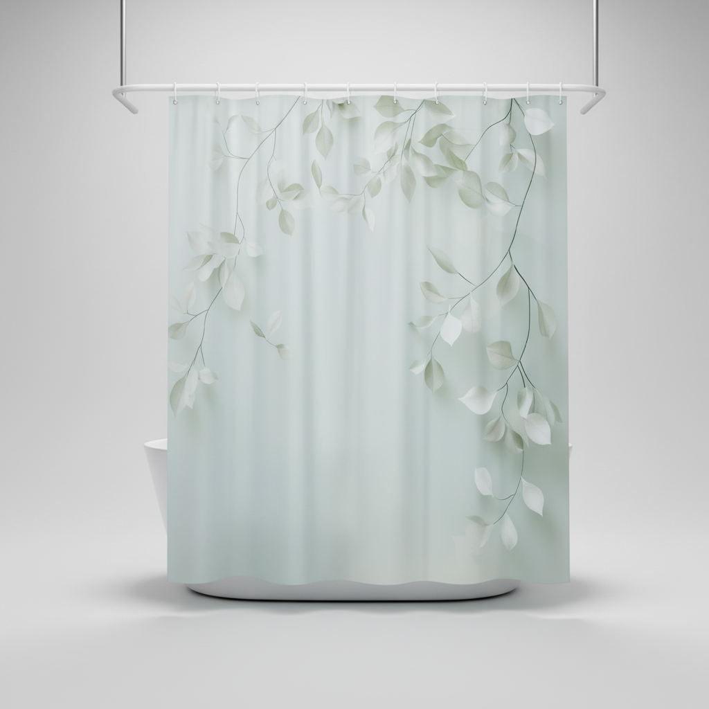 Nature-inspired Calmweave shower curtain, woven polyester with an elegant leaf design, machine washable.