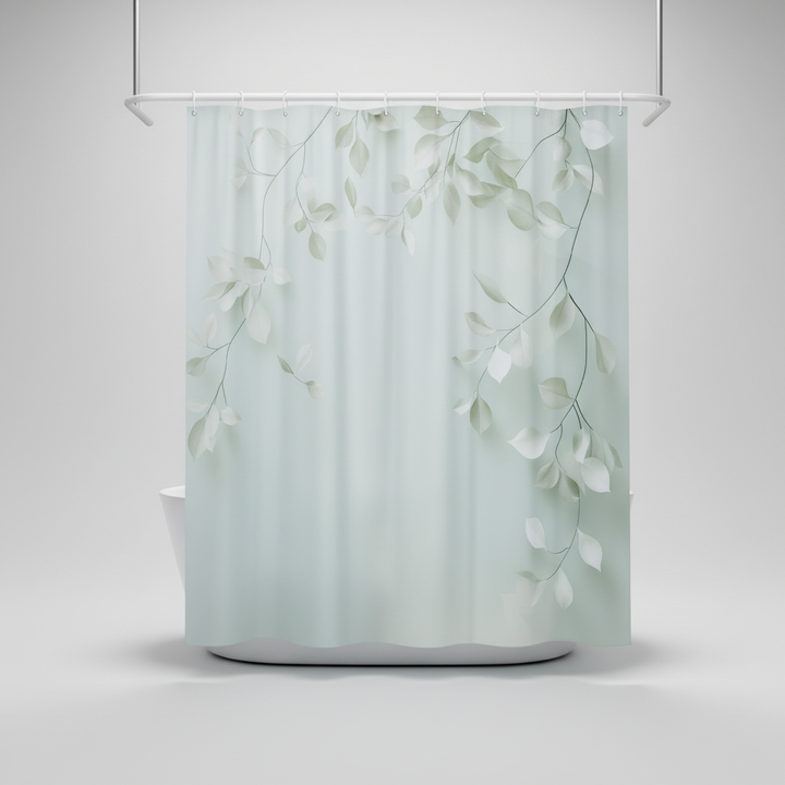 Nature-inspired Calmweave shower curtain, woven polyester with an elegant leaf design, machine washable.