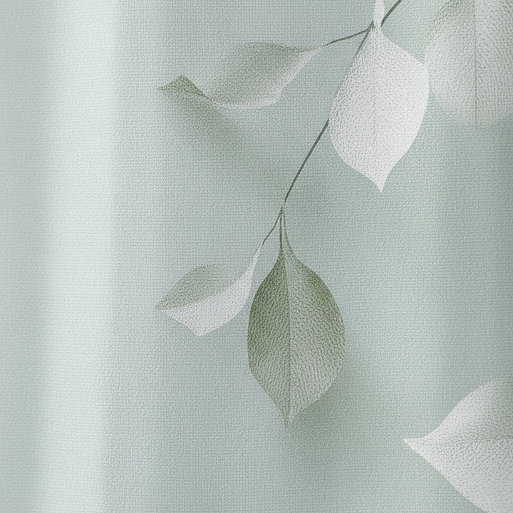 Close-up of Calmweave woven polyester shower curtain, showcasing its intricate leaf pattern and texture.