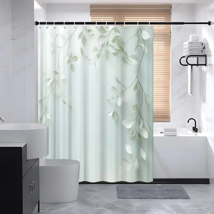 Full view of Calmweave polyester shower curtain, enhancing bathroom decor with its calm, nature-inspired design.
