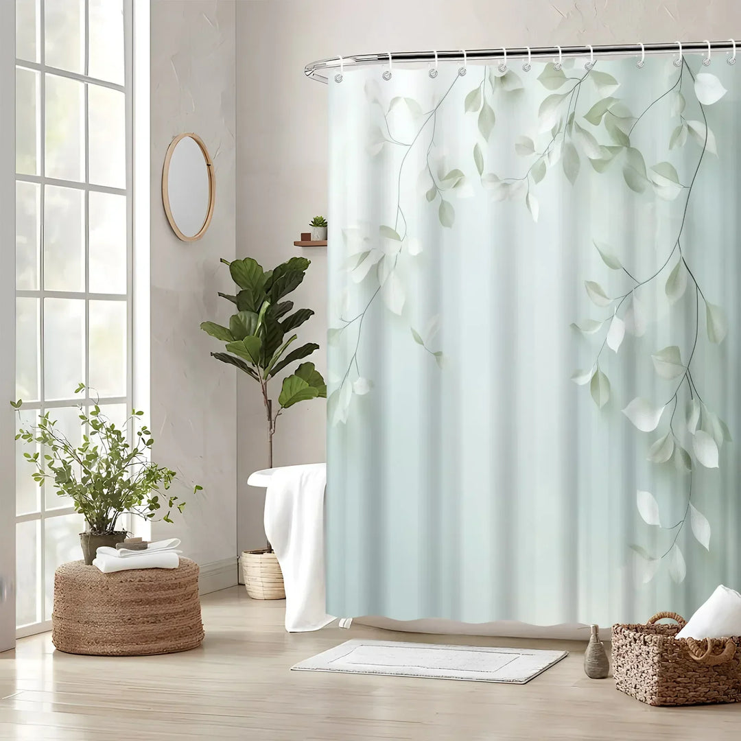 Machine washable Calmweave woven polyester shower curtain, featuring a soothing leaf pattern for home decor.