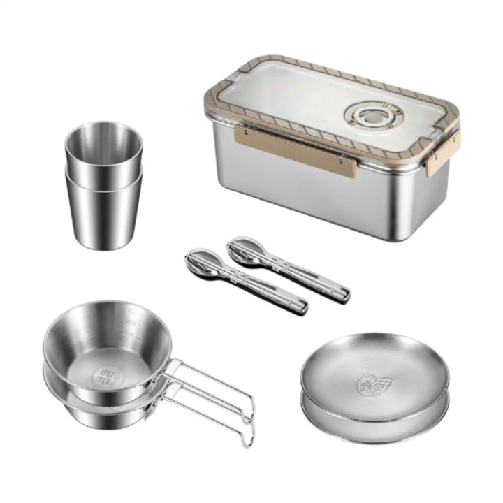 Compact stainless steel mess kit with storage for camping, hiking, and all outdoor adventures. 
