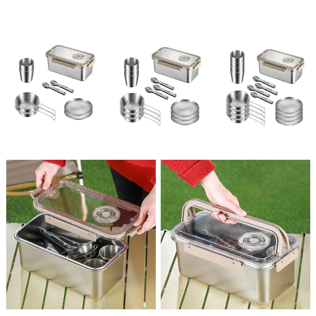 Durable stainless steel camping mess kit with utensils and storage box, ideal for adventurers.
