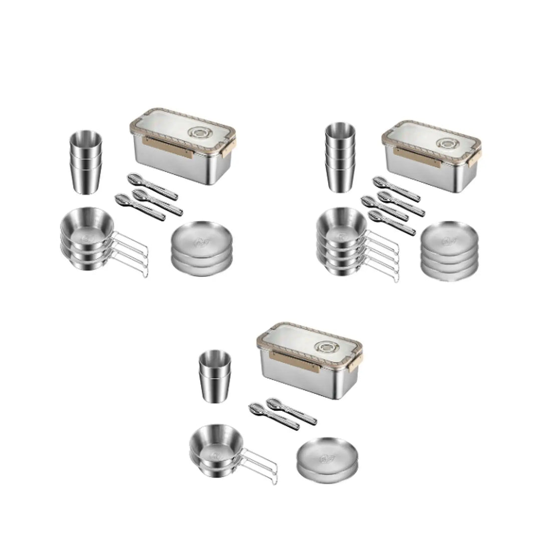 Stainless steel camping dinnerware, complete with bowls, plates, and a compact storage solution.