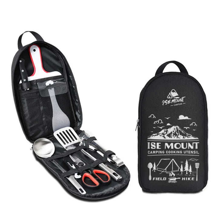CampMate 9-piece portable stainless steel outdoor cooking set for camping, hiking, & travel adventures.