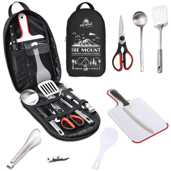 Durable CampMate 9-piece stainless steel portable camping set with cooking utensils, ideal for outdoor kitchens.