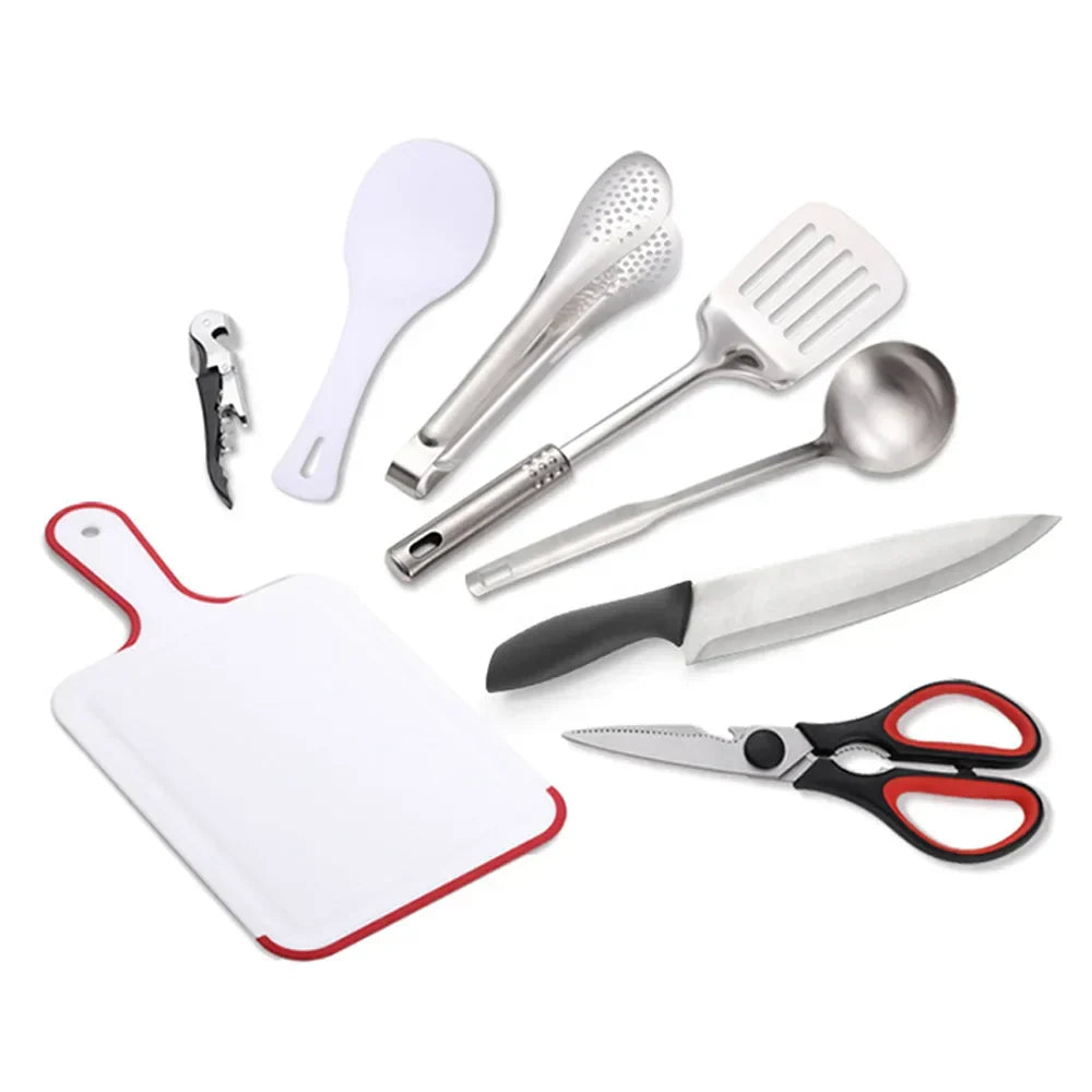 Enjoy outdoor cooking with CampMate's 9-piece portable stainless steel camp cook set & BBQ tools.