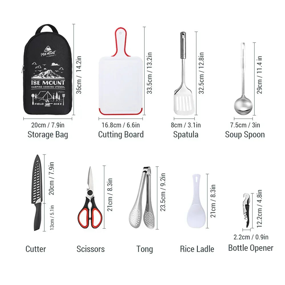 Compact CampMate 9-piece stainless steel portable outdoor cooking set, essential hiking & camping gear.