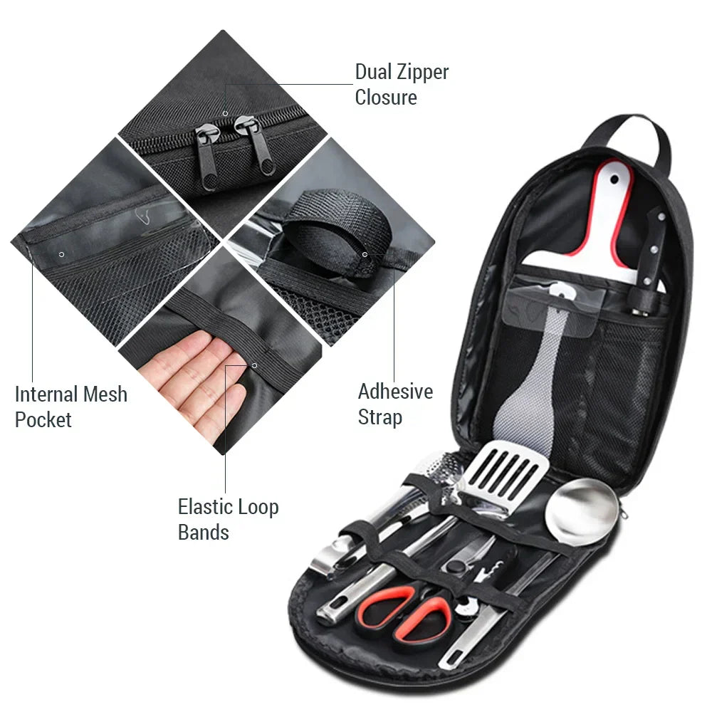 Versatile CampMate 9-piece stainless steel portable cooking utensil kit for all your outdoor kitchen needs.