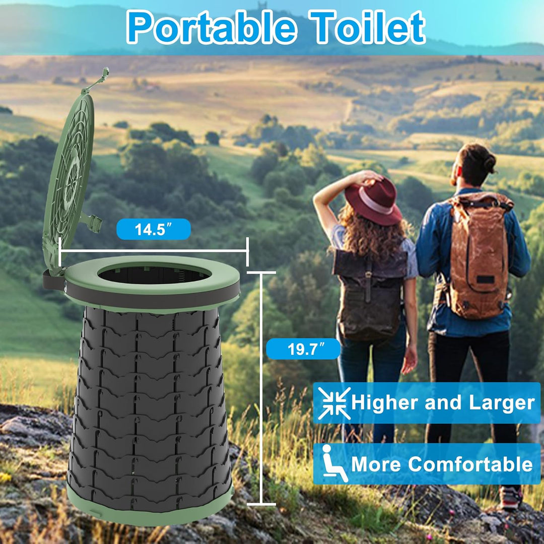 Folding portable travel toilet, adjustable height for easy transport and outdoor use