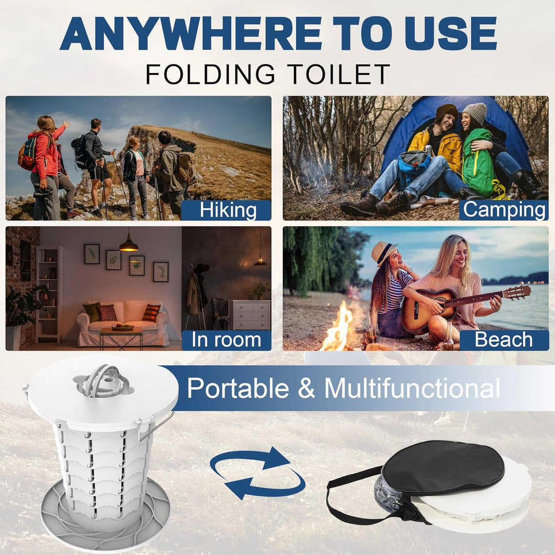 Compact folding portable toilet, adjustable height, designed for outdoor adventures