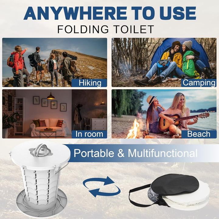 Compact folding portable toilet, adjustable height, designed for outdoor adventures