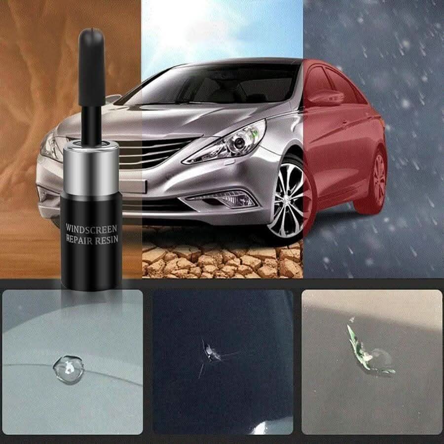 Hand applying resin from car windshield repair kit to a small glass chip, ensuring a strong, clear fix.