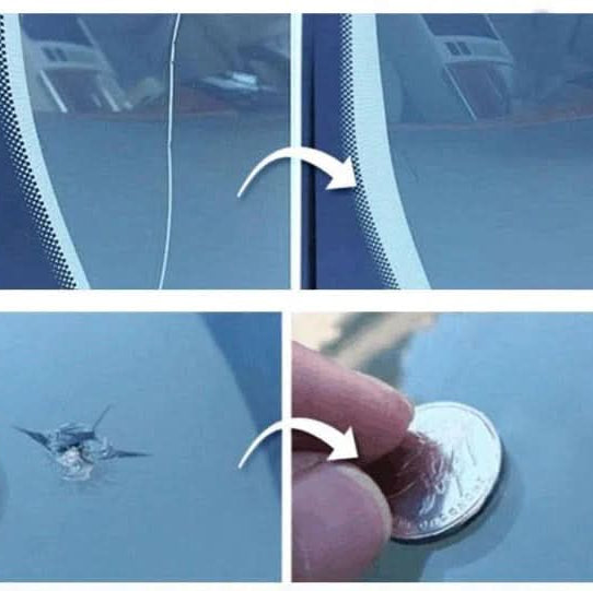 Car windshield repair kit showing resin, applicator, blade, & curing strips for DIY auto glass chip fix.