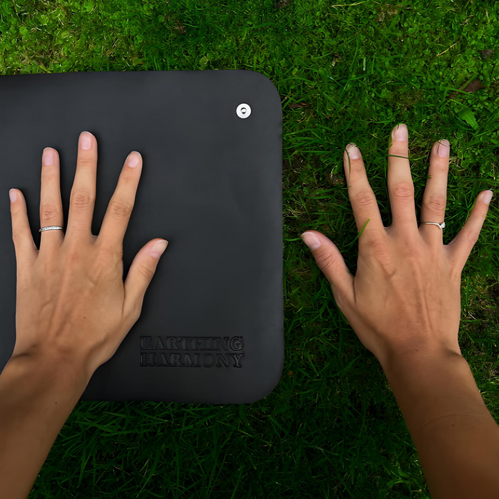 Carbon leather earthing mat for EMF protection, holistic health & energy balance. EarthConnect grounding solution.