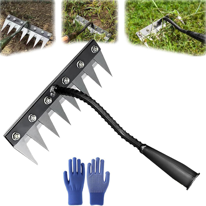 Carbon steel weeding rake, a durable precision garden tool for effective weed removal & soil cultivation.