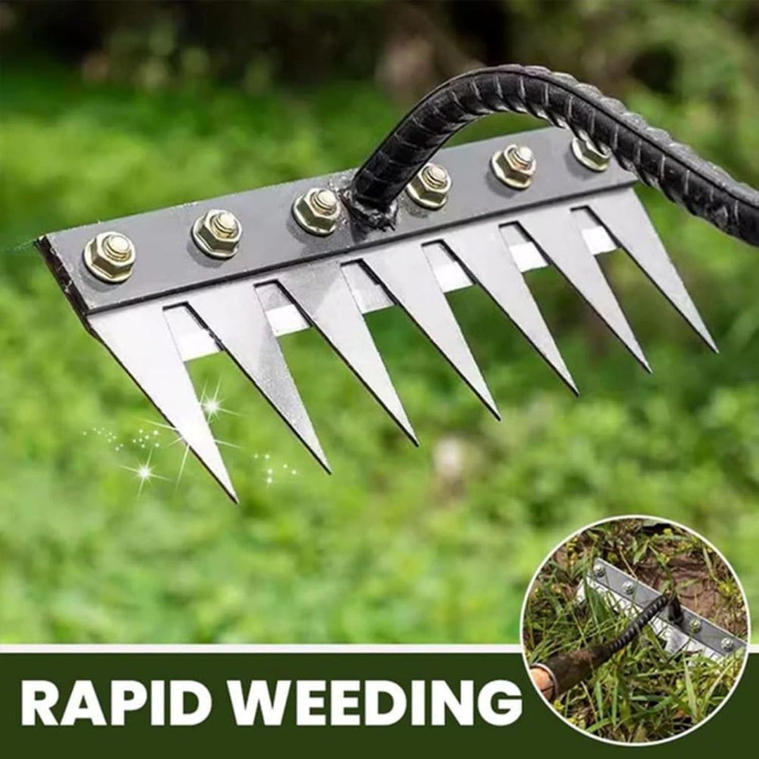 Durable carbon steel weeding rake for gardeners, ideal for precise weed removal and soil aeration.