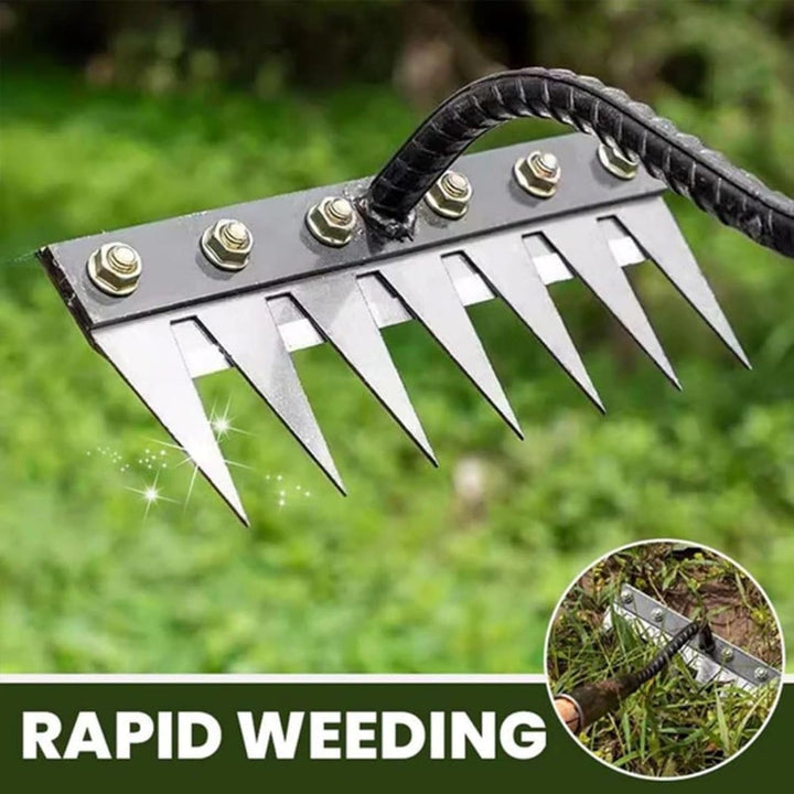 Durable carbon steel weeding rake for gardeners, ideal for precise weed removal and soil aeration.