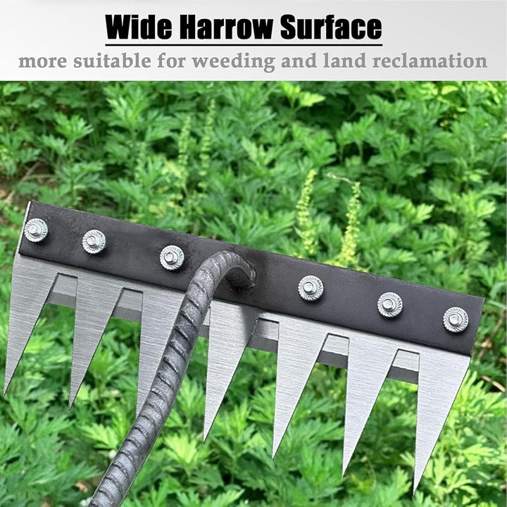 High-quality carbon steel weeding rake, perfect for precise soil cultivation and garden weed removal.
