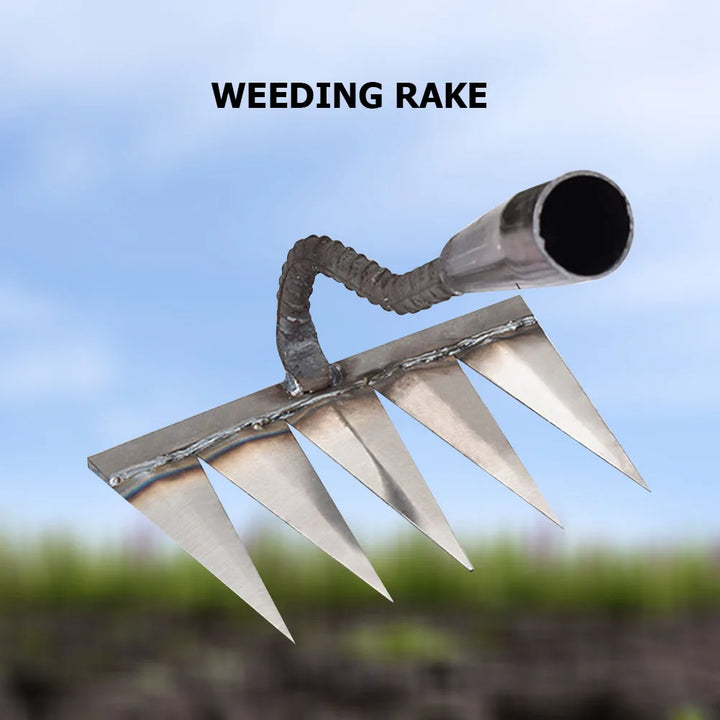 Professional carbon steel hand weeding rake for accurate weed removal and loosening garden soil.