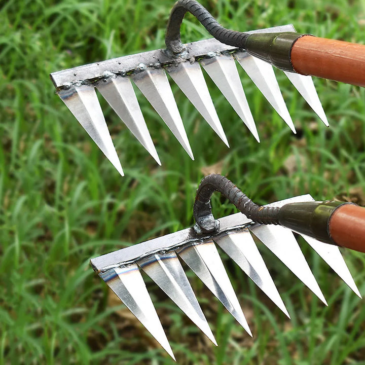 Robust carbon steel weeding rake, a versatile garden tool for cultivating, aerating & removing weeds.