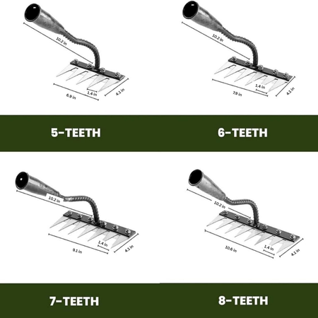 Compact carbon steel weeding rake, an essential precision hand tool for detailed garden maintenance.