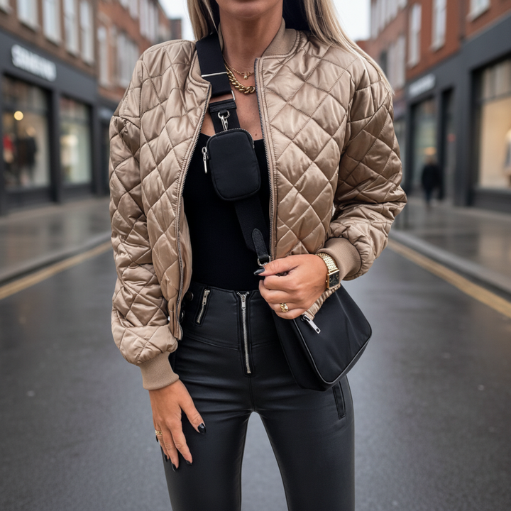 Carla women's padded bomber jacket in a stylish olive green, perfect for autumn casual fashion
