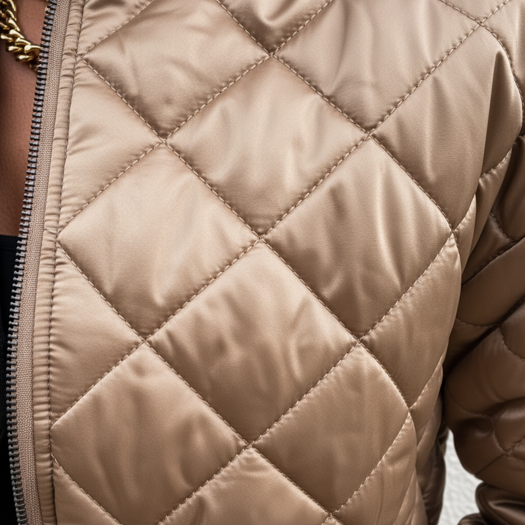 Close-up of the quilted detail on a Carla women's padded bomber jacket, ideal for cold weather