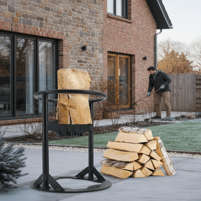 Cast iron firewood splitter, safe & efficient for logs & kindling. Essential winter wood prep tool.