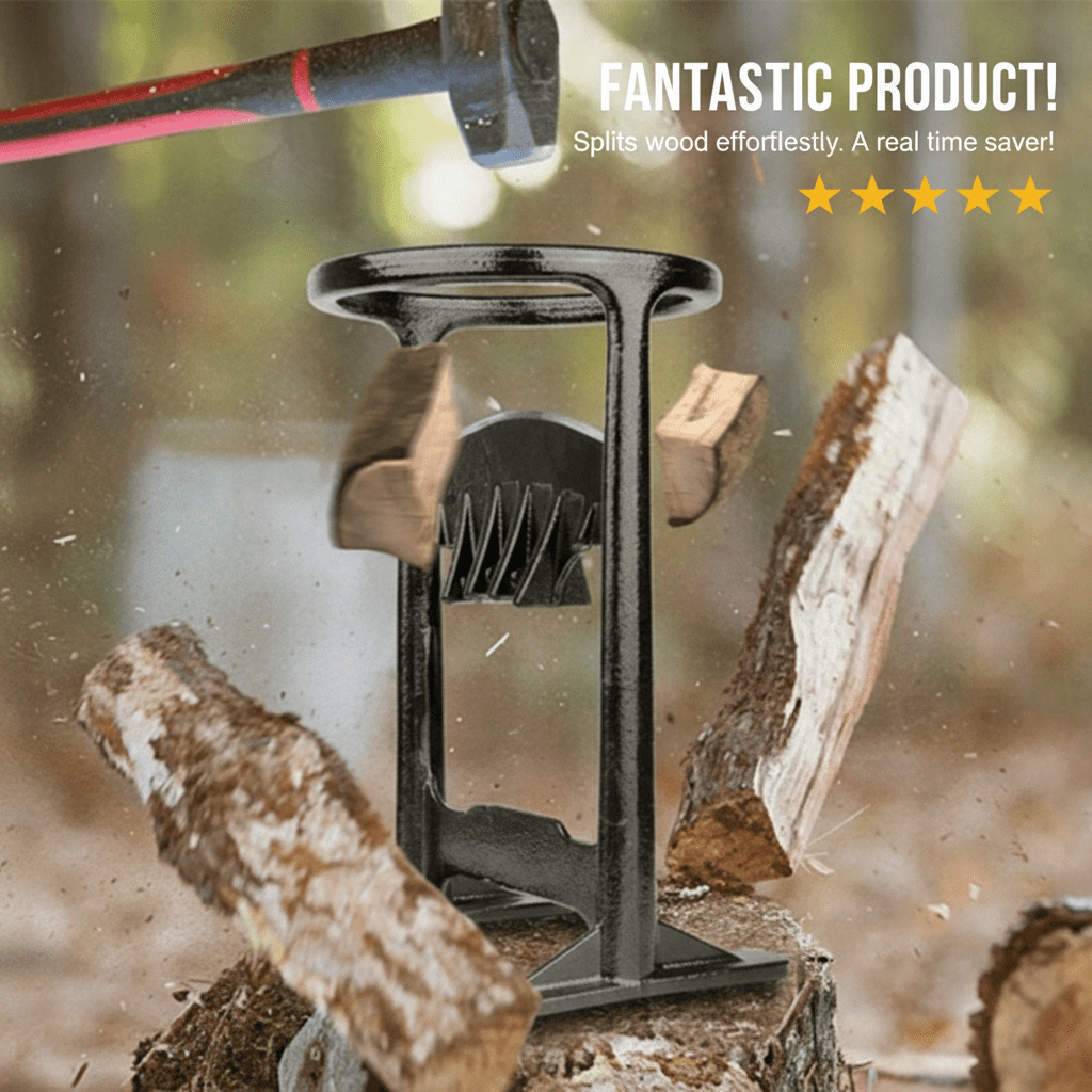 Heavy-duty cast iron firewood splitter for safe & easy log and kindling preparation. Essential winter tool.